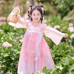 春夏汉服裙女童国风连衣裙花神春日日常可穿新中式连衣裙粉色甜妹