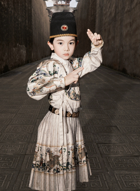 男童汉服套装明制交领飞鱼服儿童国风少爷古装武侠锦衣卫长袍白色