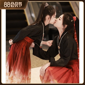 亲子马面裙汉服女童黑红母女装秋薄款儿童套装超仙古装新中式国风