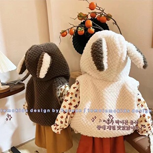 2022婴儿秋冬羊羔绒马甲宝宝保暖毛绒家居衣服公主风带帽加绒上衣