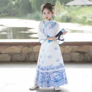 青花瓷旗袍女童套装秋儿童汉服高端马面裙小女孩中国风古装连衣裙