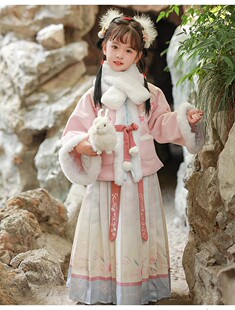 女童汉服粉色方领宽松加绒儿童春节小女孩冬季拜年服桃花明代宋制
