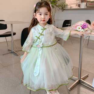 女童汉服夏季民国风儿童旗袍端午节公主洋气可爱薄纱青绿色连衣裙