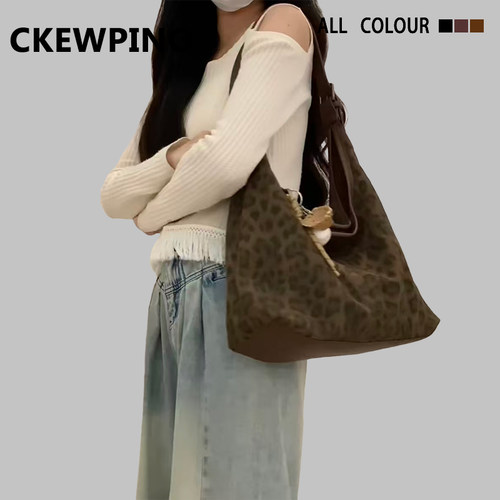 CK品牌豹纹包包女2025新款秋冬韩系时尚百搭单肩包复古通勤托特包