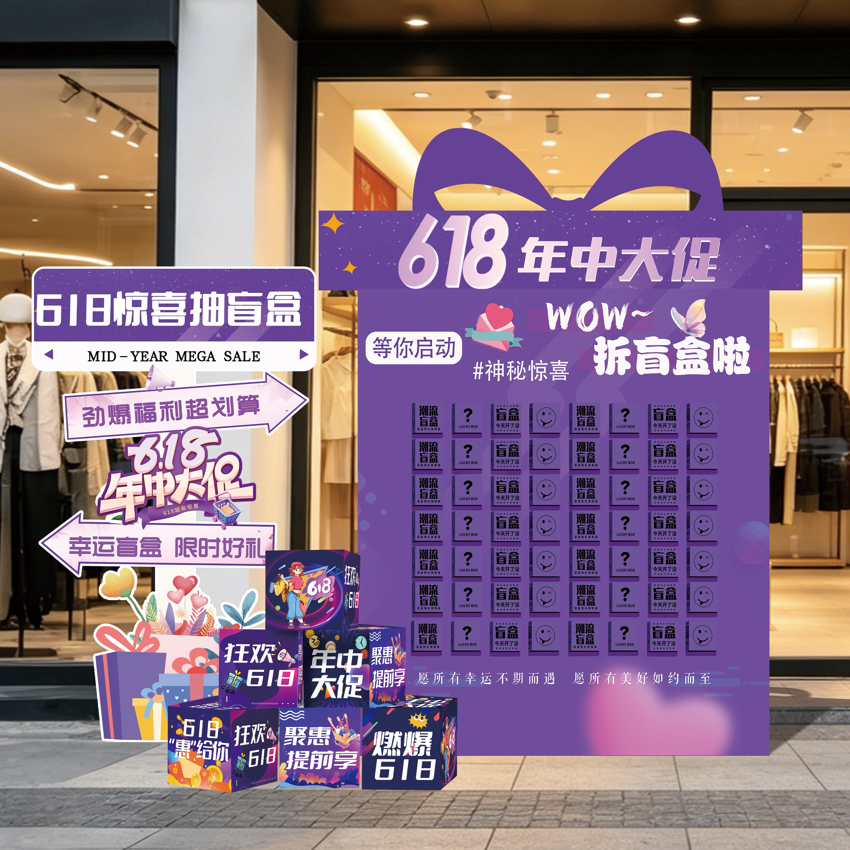 618氛围布置年中大促店铺场景装饰活动抽奖盲盒装饰背景墙kt展板