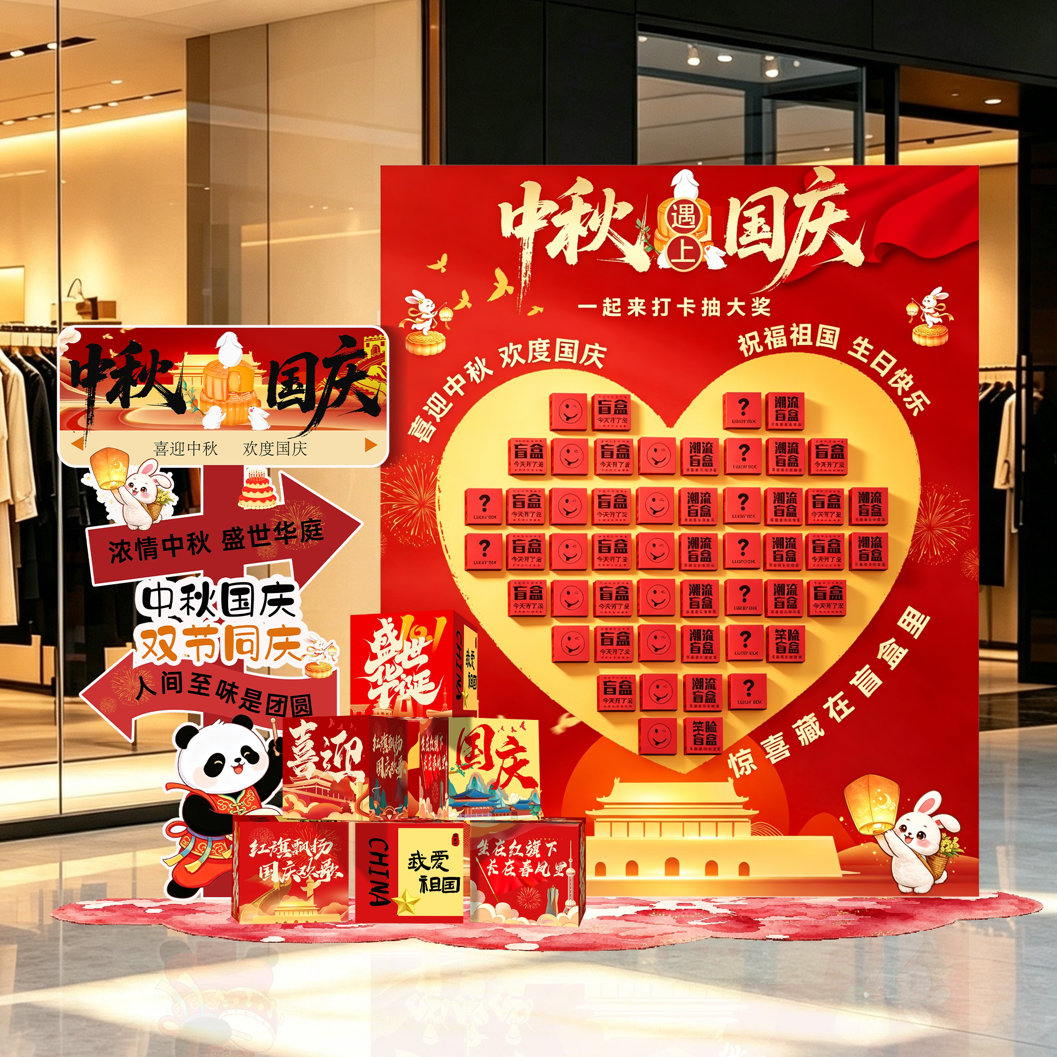 2026中秋国庆节店铺氛围布置kt板活动盲盒抽奖惊喜装饰背景盲盒墙