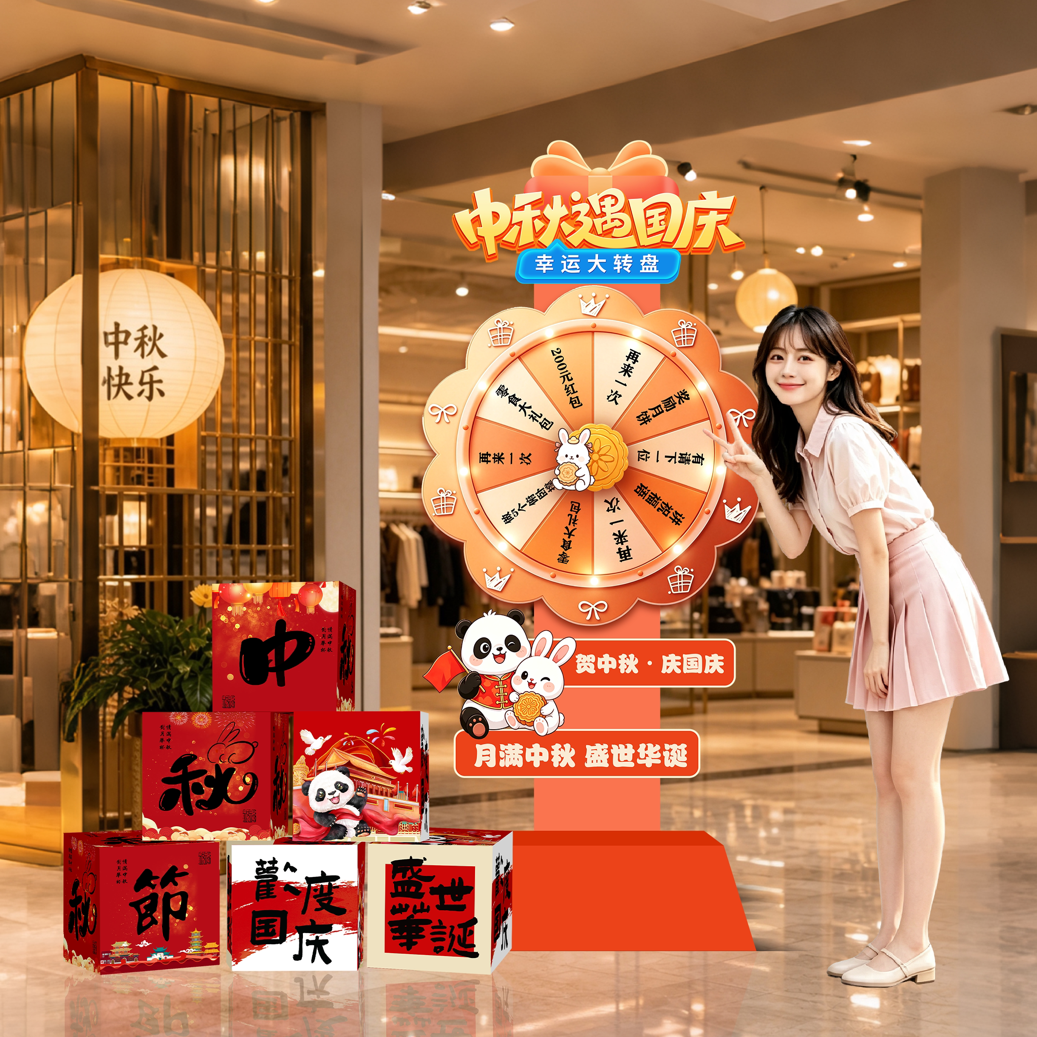 店铺中秋国庆节场景氛围幸运大转盘kt板公司布置装饰活动抽奖道具