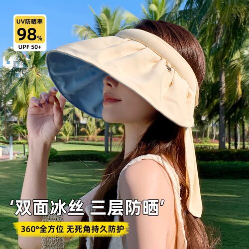 大檐空顶贝壳帽女夏季遮阳防紫外线太阳帽大头围披肩护脖防晒帽子