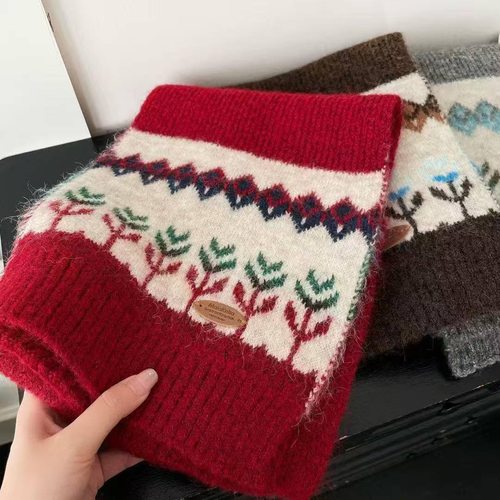 新款费尔岛红色针织羊毛围巾秋冬韩系氛围感百搭高级感保暖围脖女