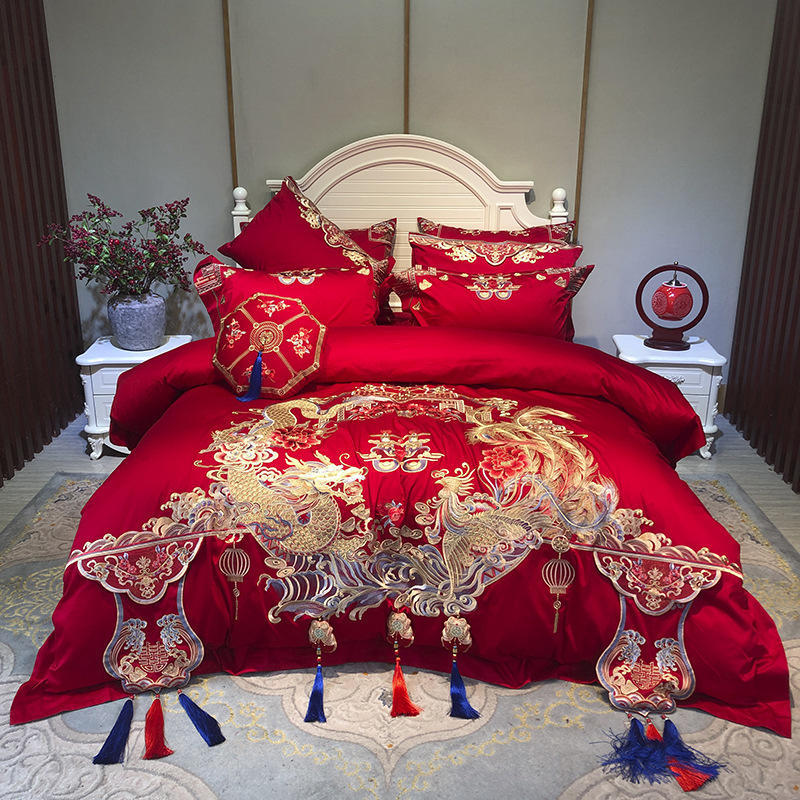 九喜狐婚庆套件大红十件套 结婚床上用品 100支棉喜庆红色四件套