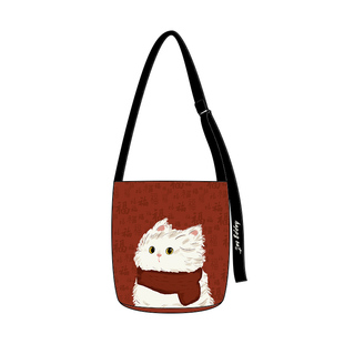 新年氛围感红色喜庆单肩帆布包可爱围巾小猫小众日常通勤水桶包AC