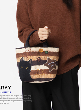 尼睿新款通勤手提包女超好看上班杂物小拎包复古小猫帆布袋Z072