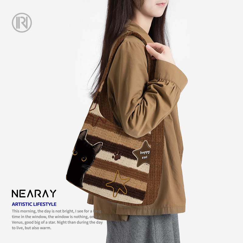 尼睿大容量可爱小猫单肩帆布包包