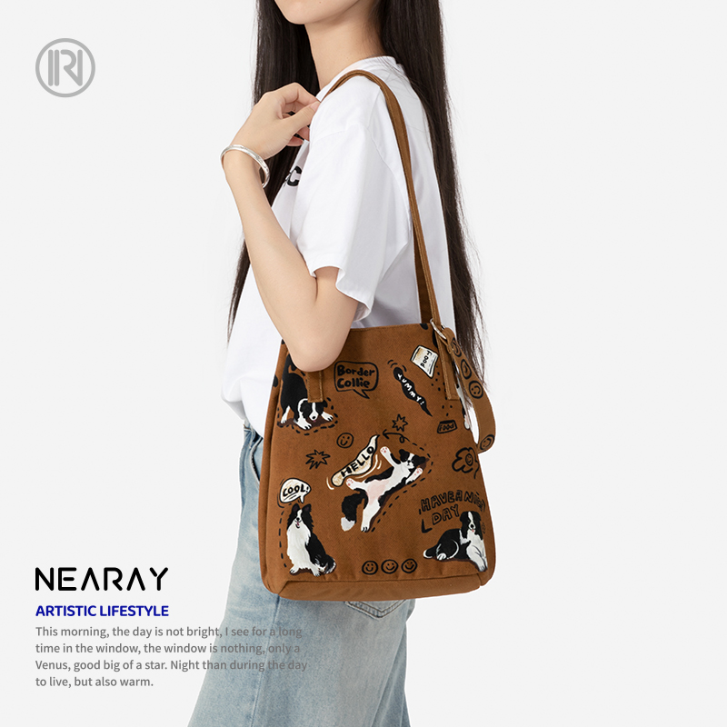 尼睿可爱小狗复古文艺托特包
