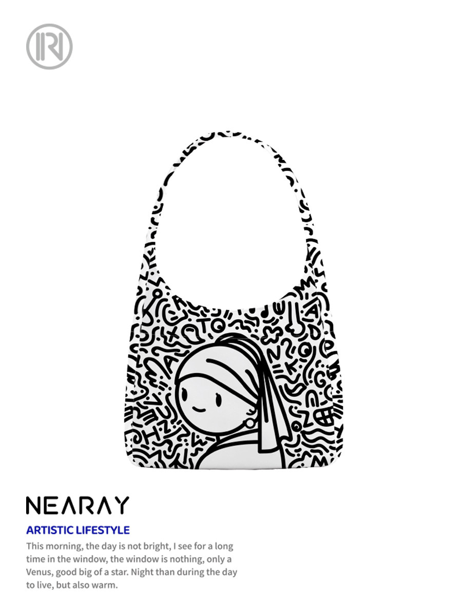 NI RUI의 새로운 흑백 낙서 진주 소녀의 어깨 가방 귀여운 패션 캔버스 가방 대용량 학생 가방 W