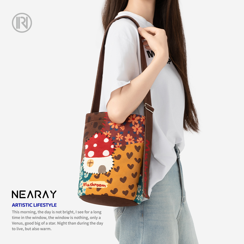 尼睿蘑菇花园文艺复古水桶包
