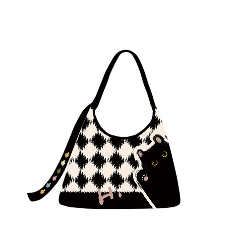 尼睿可爱格纹小猫斜挎包