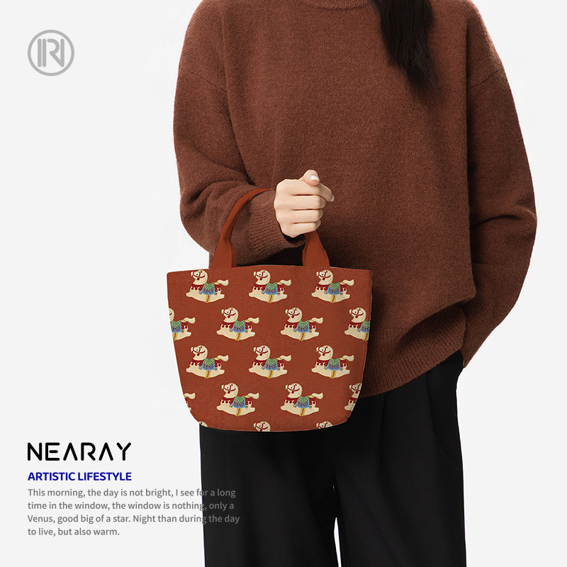 红色复古国风小马手提包包女通勤百搭拉链帆布包年会定制礼物Q340