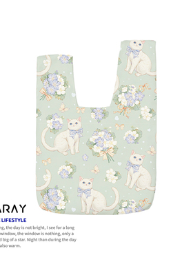 尼睿x拾雨 小清新手包文艺感猫咪原创插画绿色帆布包可爱礼品手袋