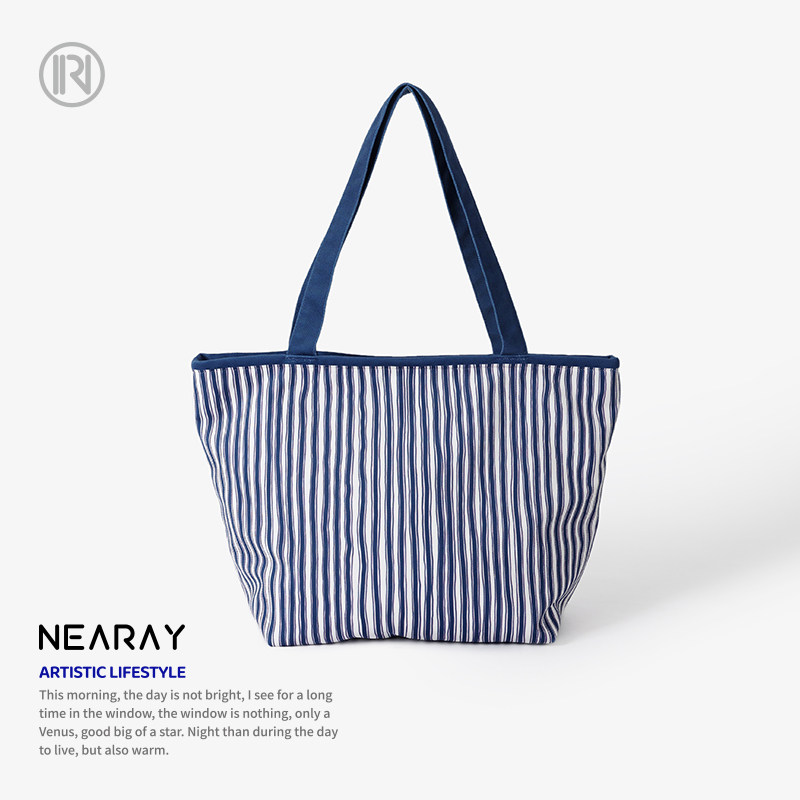 尼睿航海日记条纹托特包复古百搭单肩包大容量定制帆布包包女w
