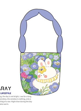 尼睿x桃小芯 紫色文艺帆布包可爱兔子插画水桶包新款小众单肩包女