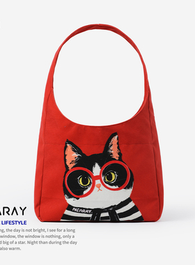 尼睿2025新款红色复古单肩包可爱小猫帆布包大容量通勤学生书包AC