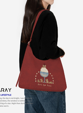 新款斜挎包可爱小熊印花帆布包日常通勤百搭红色单肩包带拉链Q353