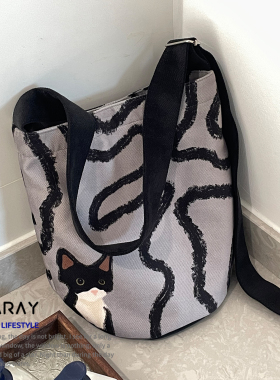 尼睿新款原创韩系猫咪水桶包单肩帆布包慵懒感通勤包斜挎包女Z02