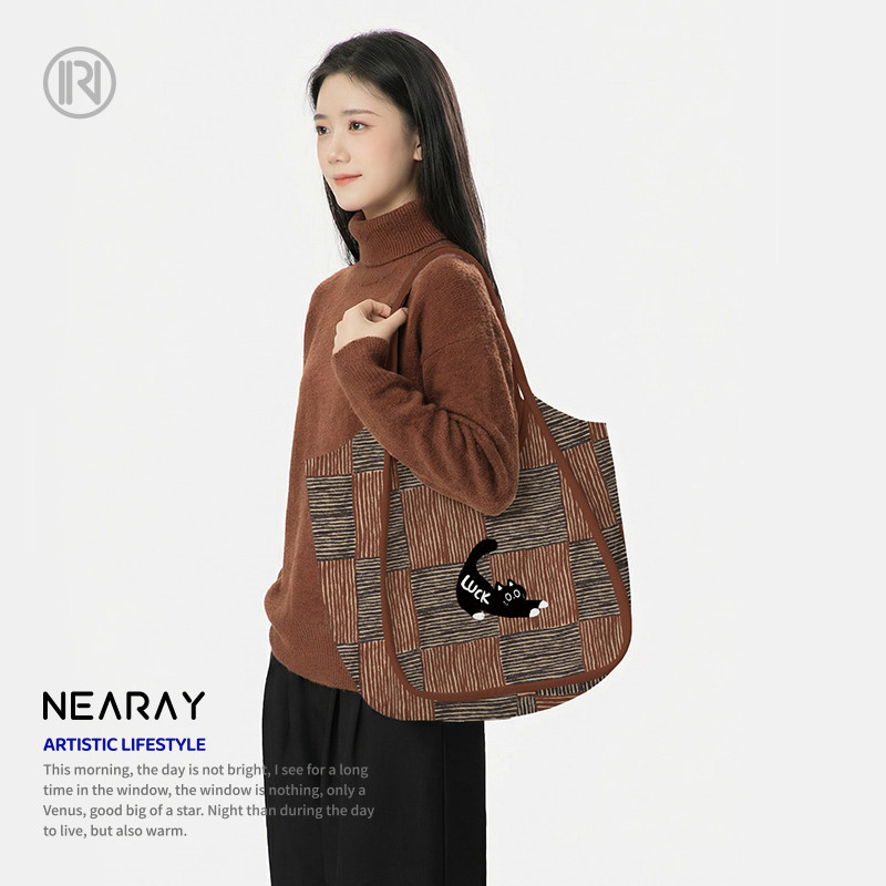 尼睿复古格纹可爱黑猫托特包