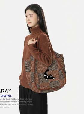 新款格纹托特包韩系慵懒单肩包大容量学生上课通勤帆布包包女AC53