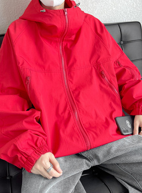 万同学防水机能工装夹克青年帅气时尚宽松大码外套秋季连帽情侣服