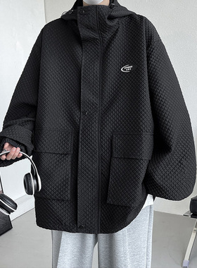 万同学痞帅美式玉米格连帽夹克休闲大码冲锋衣男秋季青年工装外套