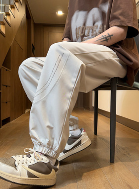 万同学工作室新款夏季男士休闲裤宽松冰丝束脚裤学生潮流大码长裤