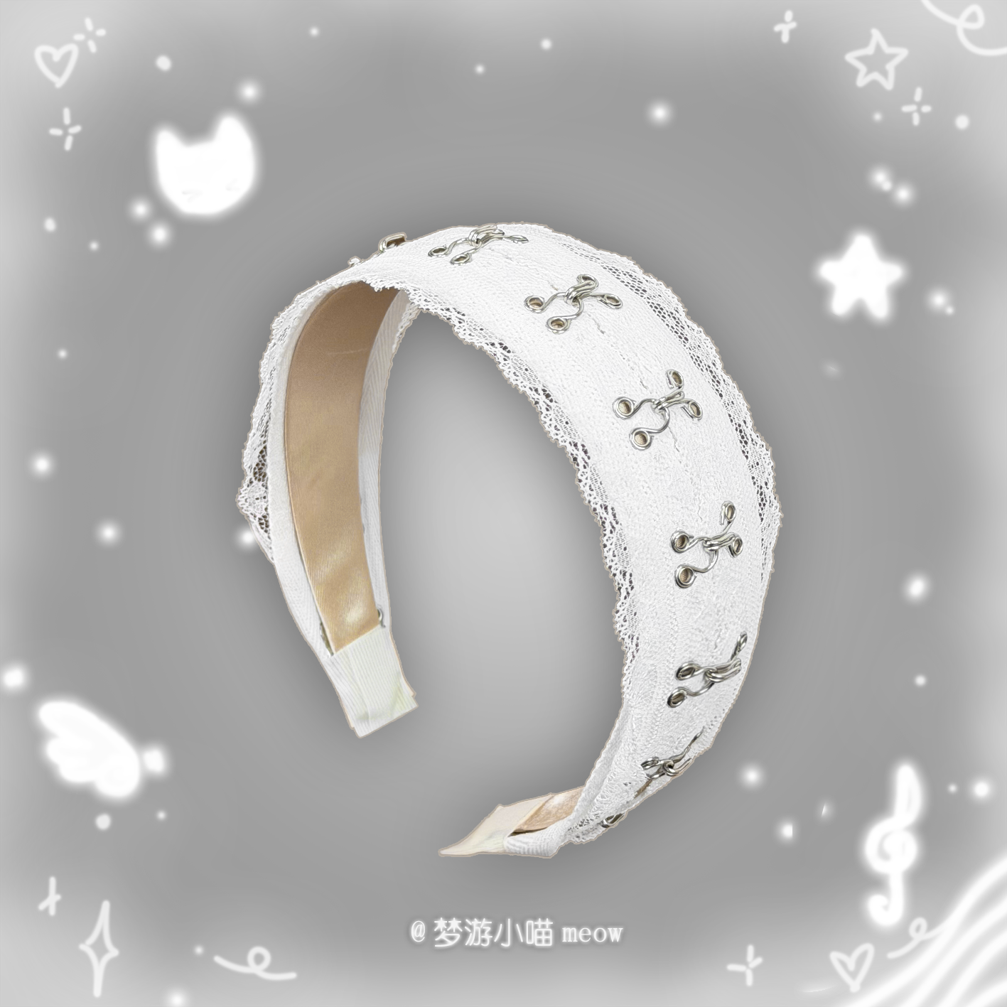 thumbnail for Sleepwalking little meow black and white lace headband, hair accessories, insy2k hot girl leather buckle chain, dark punk subculture