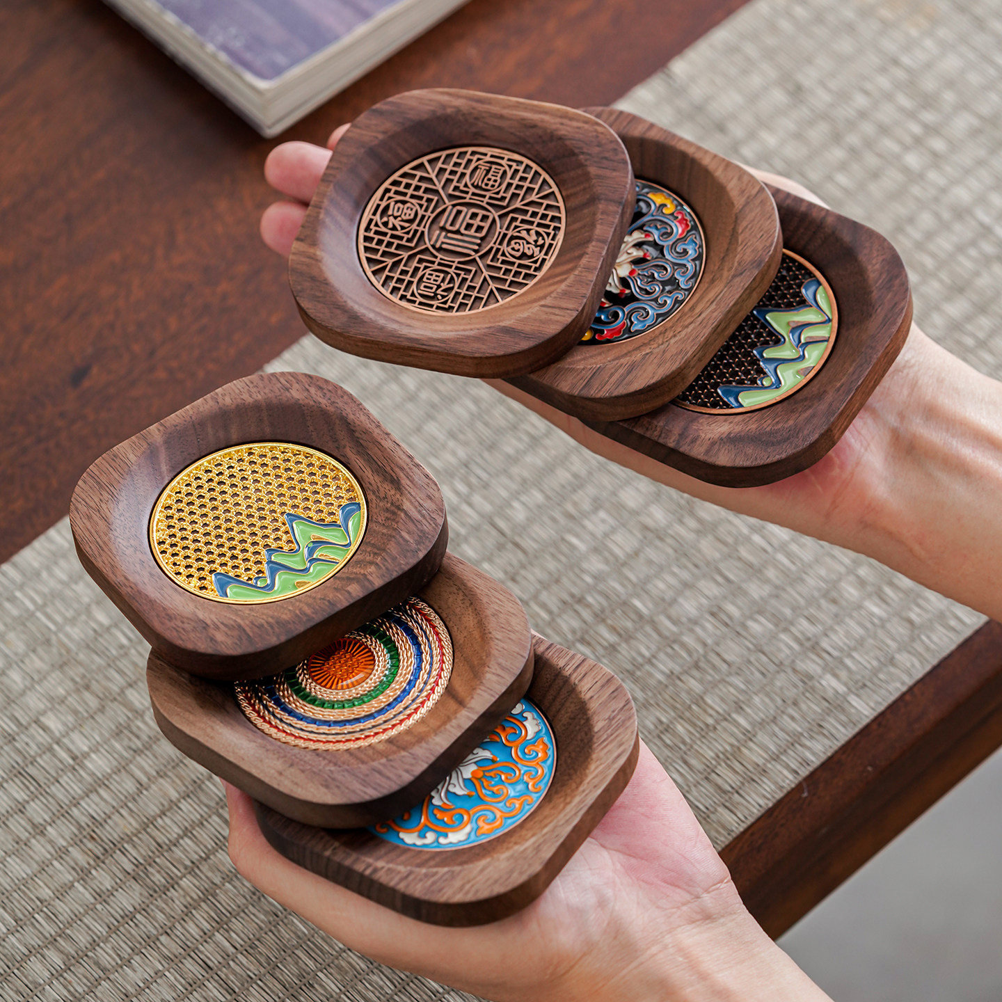 远舍高档轻奢胡桃木茶杯垫珐琅彩实木隔热杯托防烫功夫茶具零配件,餐饮具,杯垫,淘宝优惠券,粉丝福利购,淘宝优惠卷