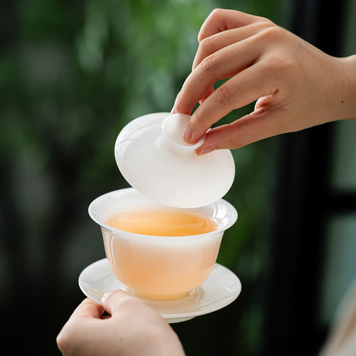 远舍新款璞玉白瓷悬停盖碗茶杯三才茶碗套装功夫茶具不烫手泡茶碗