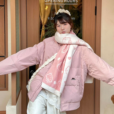 粉白款2025新款双面针织围巾保暖情侣小猫可爱百搭冬季新款围脖