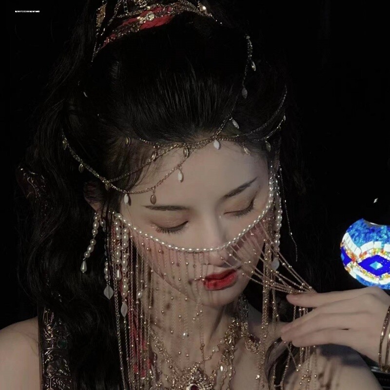 汉服面纱面具面帘古风遮脸直播成人半脸美女流苏不露脸古装超仙罩图片