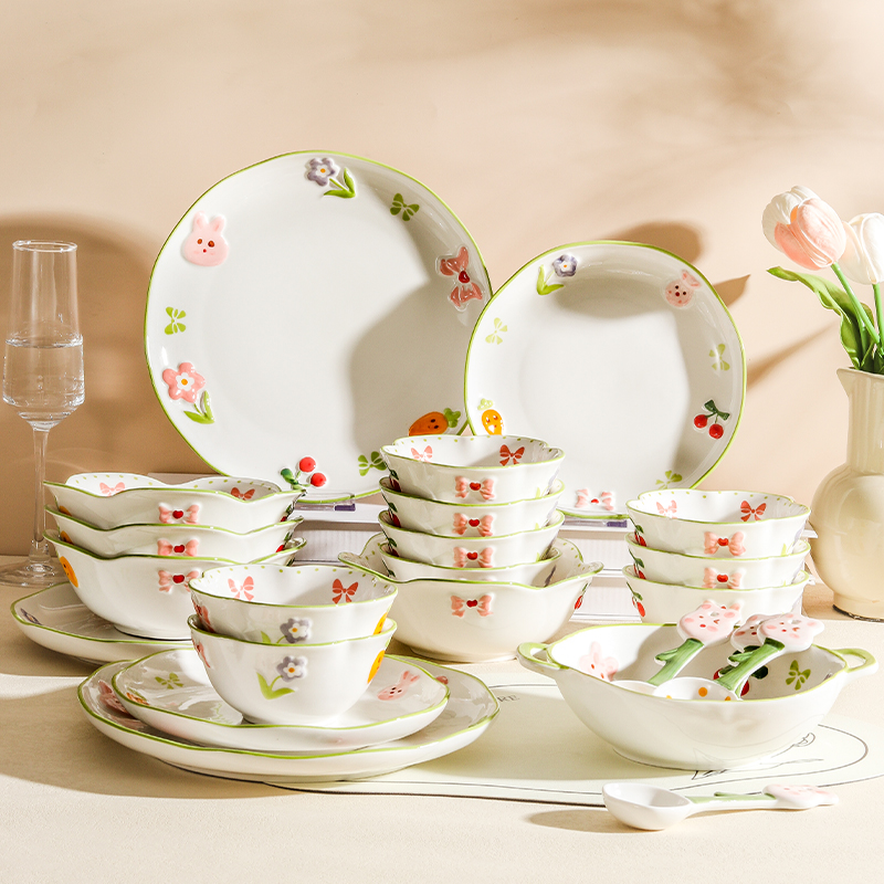 碗碟家用套装2025新款浮雕高颜值小清新2-10人釉下彩碗盘餐具套装