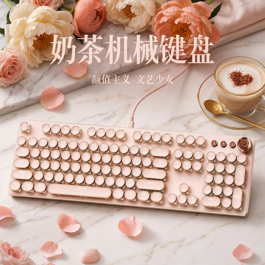 奶茶机械键盘粉色复古圆帽USB有线键盘文艺少女办公电竞游戏时尚