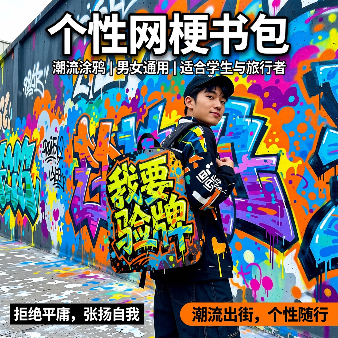 网梗个性中小学生双肩书包背包男女户外旅行个性文字印花书包通用