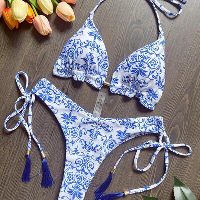 Blue and white porcelain printed bikini 比基尼泳衣性感女泳装