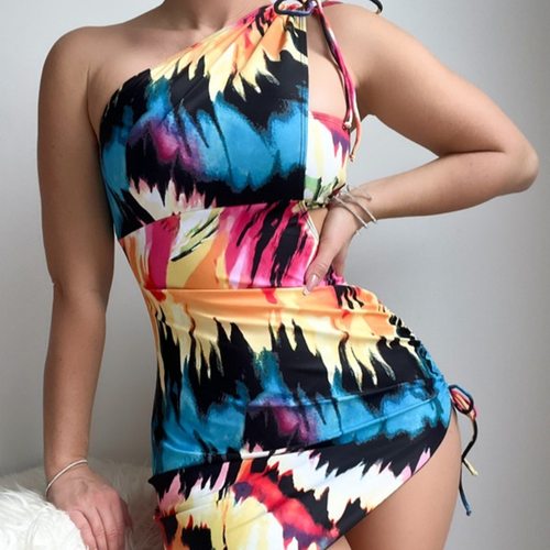 彩色印花抹胸+罩衫性感比基尼三件套泳衣Three-piece bikini set