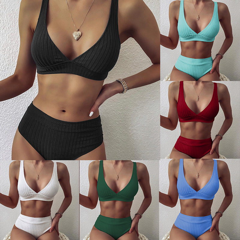 v-neck high waist bikini欧美v领坑条布料比基尼高腰分体泳衣女