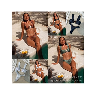 纯色金属配饰吊带带配饰女士分体比基尼泳衣女bikini color Solid
