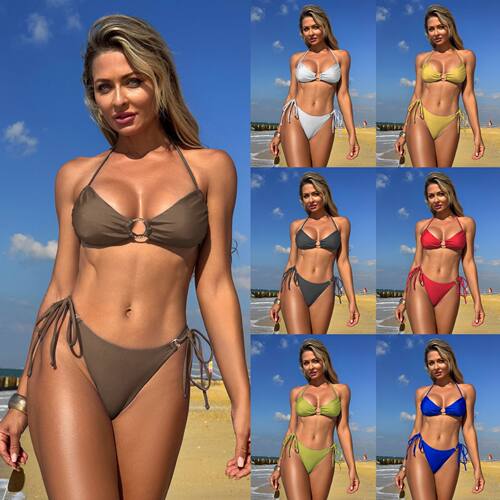2025年欧美性感女士泳衣 Solid-colored halter bikini for women