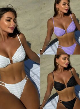 2024欧美纯色抽绳绑带分体性感泳衣女Lace-up two-piece swimsuit