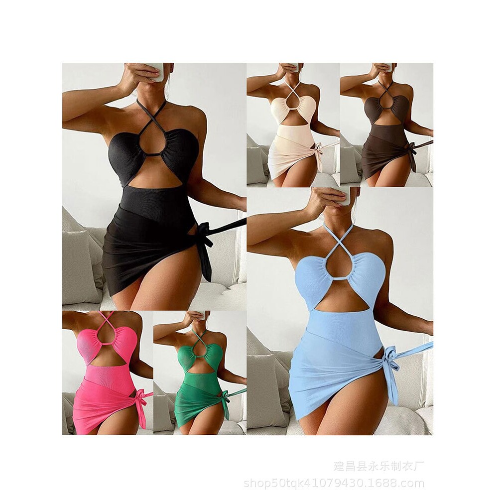三角连体比基尼bikini小坑条网纱裙二件套女士泳衣Solid color