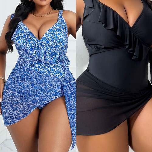 女士大码荷叶边连体泳衣配网纱裙