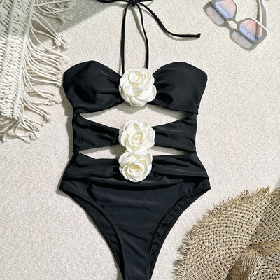 2024年性感连体纯色泳衣 One-piece solid-colored flower bikini